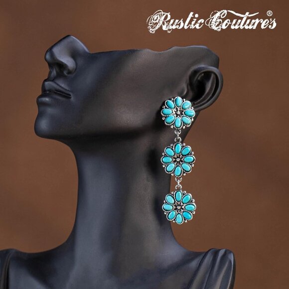 Rustic Couture's Western Turquoise Earrings for Women Statement Western Country - Picture 6 of 7